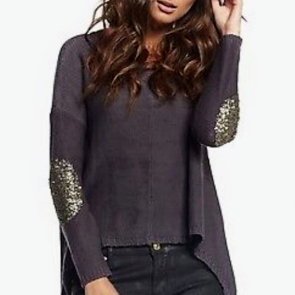 ELAN Gray Sequined Elbow Patch Hi-Lo Sweater